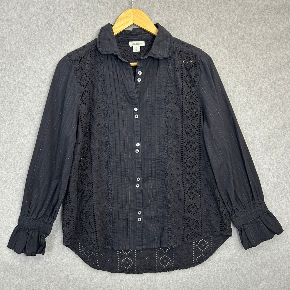 Sundance Sz Medium Blouse Black Eyelet Embroidered Pintuck Dark Romance Cottage